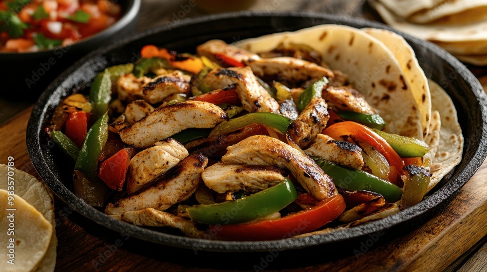 A sizzling plate of fajitas with grilled chicken, peppers, and onions, served with warm tortillas and fresh salsa. A sizzling plate of fajitas with grilled chicken, peppers, and onions, served with warm tortillas and fresh salsa.