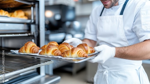 A baker, wearing a white apron and gloves, is carefully handling a tray of freshly baked golden croissants coming out of an oven, highlighting the art of pastry making. photo