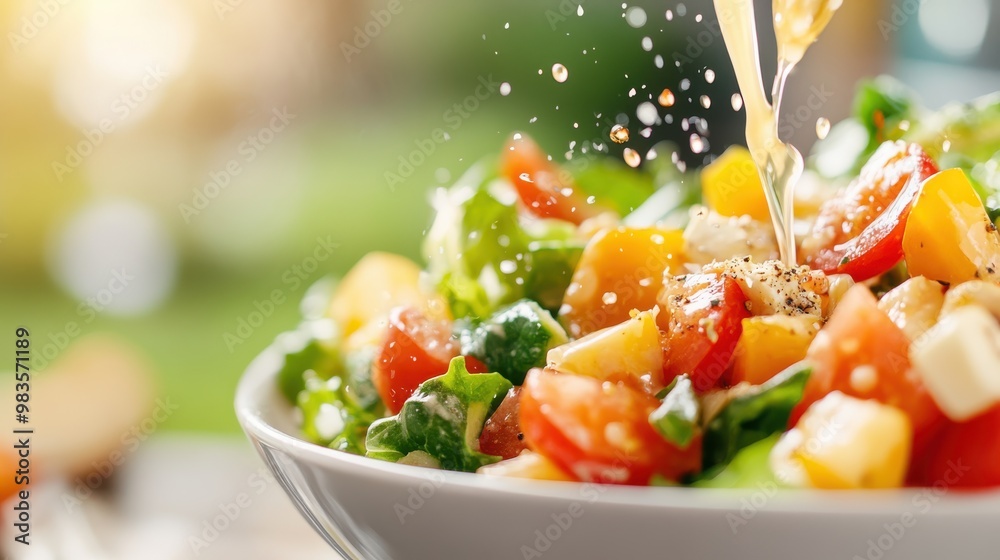 An eye-catching vegetable salad adorned with tomatoes, corn, and green leafy vegetables, enhanced by a rich drizzle of creamy dressing, emphasizing the fresh and wholesome look. An eye-catching vegetable salad adorned with tomatoes, corn, and green leafy vegetables, enhanced by a rich drizzle of creamy dressing, emphasizing the fresh and wholesome look.