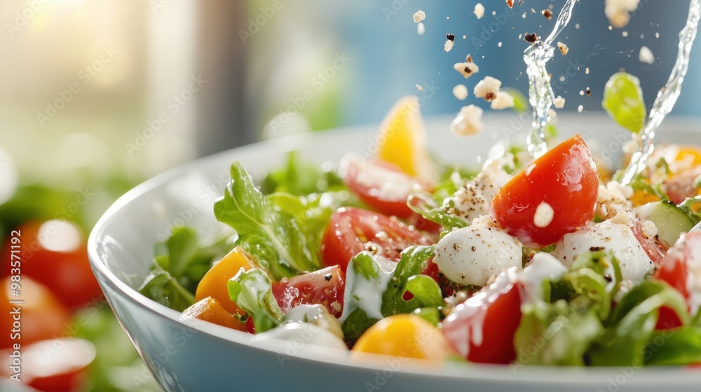 A fresh garden salad featuring tomatoes, leafy greens, colorful peppers, and soft mozzarella cheese, accented by vibrant water sprinkles, showcasing a nutritious and lively meal. A fresh garden salad featuring tomatoes, leafy greens, colorful peppers, and soft mozzarella cheese, accented by vibrant water sprinkles, showcasing a nutritious and lively meal.