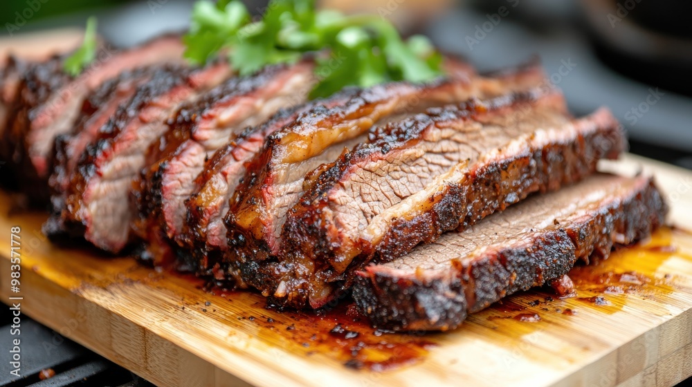 A close-up shot of juicy and tender grilled brisket slices garnished with fresh herbs. The brisket is placed on a wooden board, and the background showcases more greens in small bowls. A close-up shot of juicy and tender grilled brisket slices garnished with fresh herbs. The brisket is placed on a wooden board, and the background showcases more greens in small bowls.