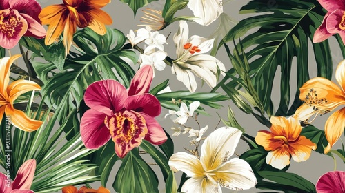 Seamless tropical fabric pattern featuring vibrant exotic flowers and leaves Includes floral orchids lilies and palm leaves against a grey background