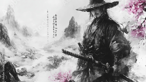 Samurai, sumi-e, ink painting, Japanese painting, Edo period, Meiji, Japan, cool, Japanese armor, Japanese sword, battle, traditional, building, anime, manga, comic