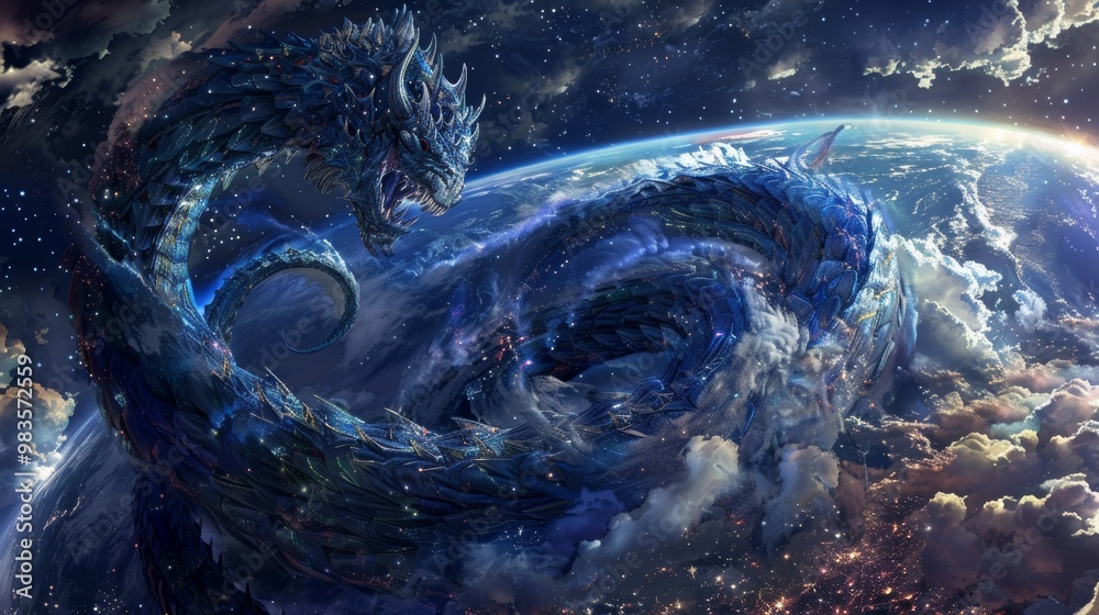 Naklejka premium Majestic illustration of jormungand, the world serpent, coiling around earth in dramatic detail