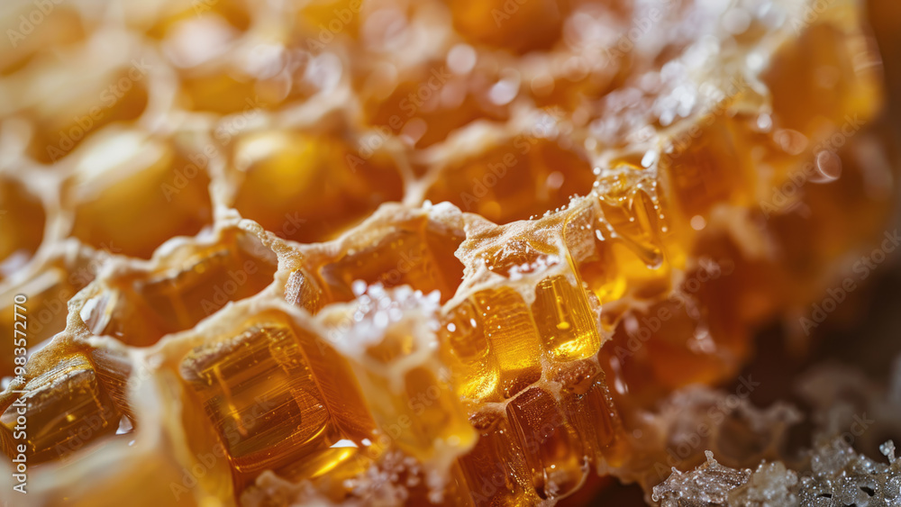 Honeycomb structure with golden honey in macro view Honeycomb structure with golden honey in macro view
