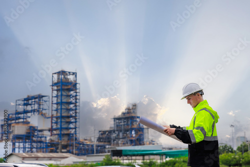 engineer in uniform and hardhat stood looking down at blueprint at oil refinery plant construction site and sunlight clouds sky backgrounds.