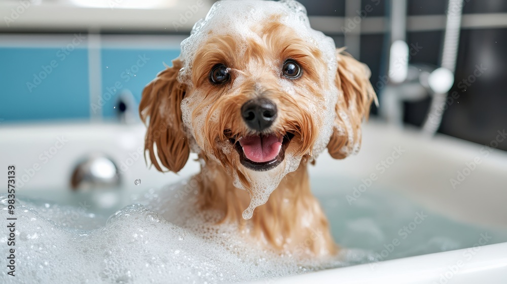 A cute dog covered in foam at bath time, with soap bubbles atop its head, exemplifying the joy of a playful and loving bath time in a modern setting. A cute dog covered in foam at bath time, with soap bubbles atop its head, exemplifying the joy of a playful and loving bath time in a modern setting.