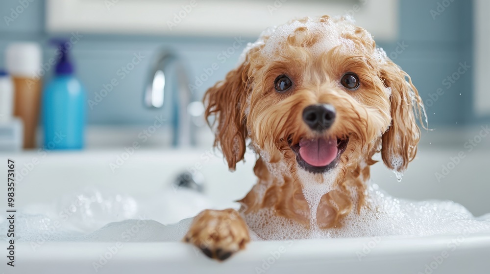 A playful dog is having a bath with foam bubbles, seen from the back, focusing on the cozy and clean bathroom environment, displaying hygiene and care. A playful dog is having a bath with foam bubbles, seen from the back, focusing on the cozy and clean bathroom environment, displaying hygiene and care.