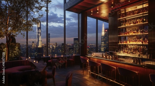 A stylish rooftop bar with an array of cocktails and an impressive city skyline view at twilight.