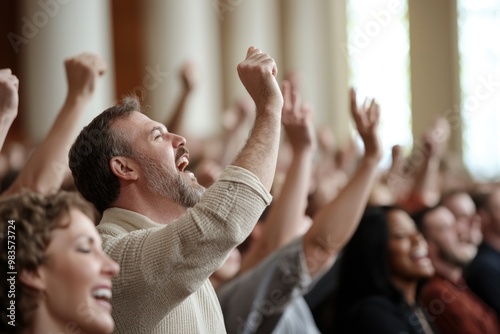 Harmonious voices, congregation united in joyful praise, worship, singing with devotion, reverence, creating spiritual atmosphere filled with collective faith and uplifting melodies in sacred unity.