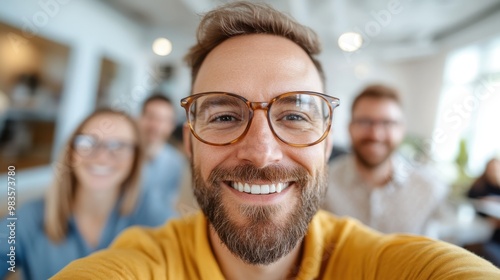 A man with a stylish beard and eyeglasses takes a closeup selfie, with his friends blurred in the background, in a warmly lit office environment.