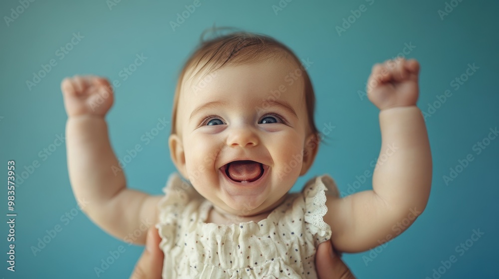 Laughing baby girl being tossed in air by parent's hands, sky blue wall Laughing baby girl being tossed in air by parent's hands, sky blue wall