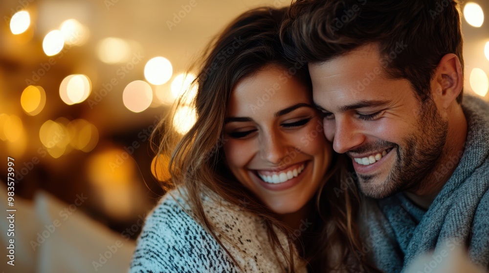 A lovely couple sharing a tender moment under the glow of warm lights, smiling widely and displaying pure joy and affection in a cozy and inviting setting. A lovely couple sharing a tender moment under the glow of warm lights, smiling widely and displaying pure joy and affection in a cozy and inviting setting.