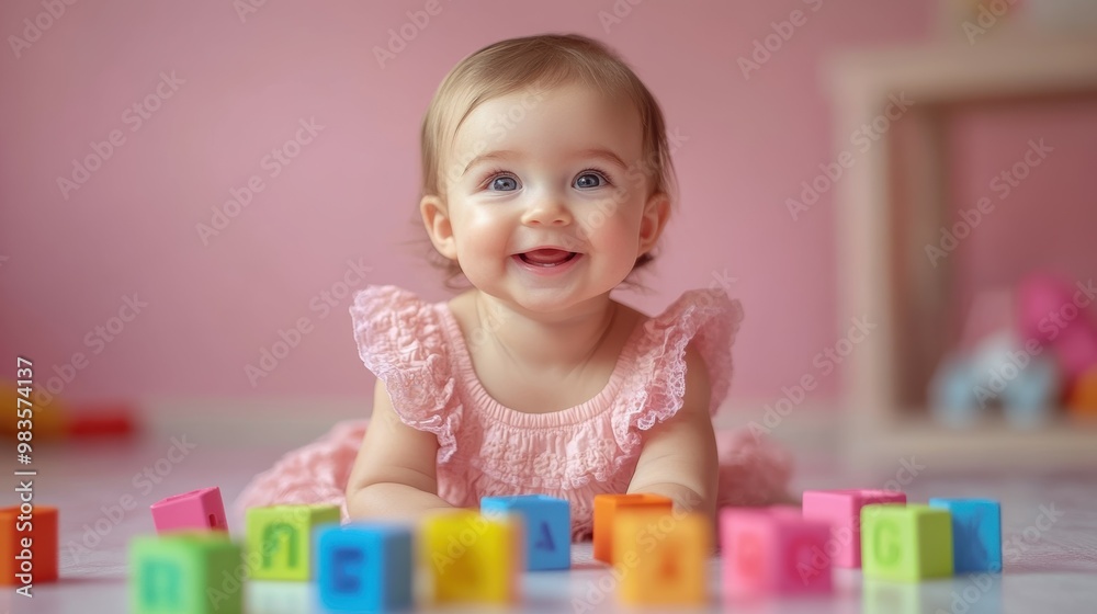 Giggling baby girl in pastel dress playing with colorful blocks against soft pink wall Giggling baby girl in pastel dress playing with colorful blocks against soft pink wall