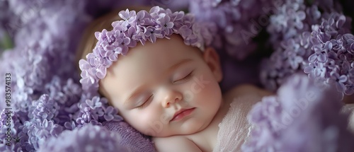 Baby girl peacefully napping in flower garden setting, with soft focus lilac wall