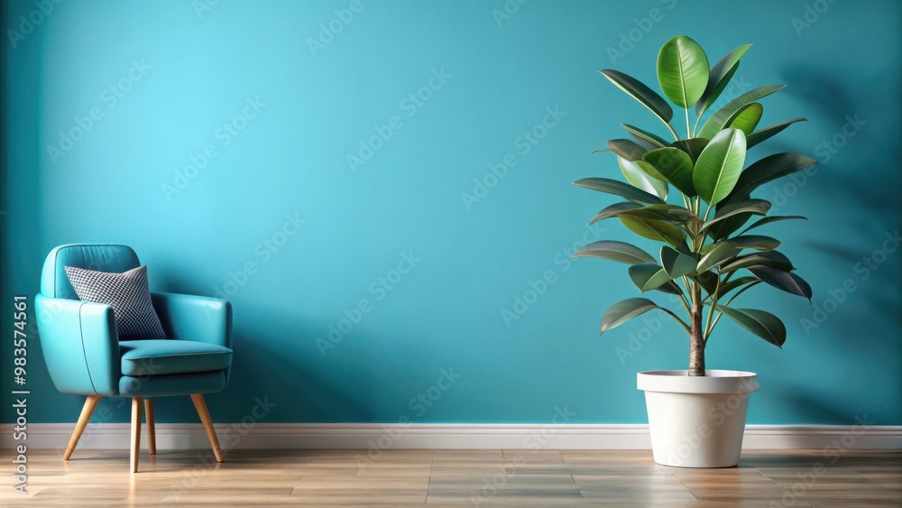 Rubber Fig Plant in a Vibrant Blue Room with Modern Interior Decor Rubber Fig Plant in a Vibrant Blue Room with Modern Interior Decor