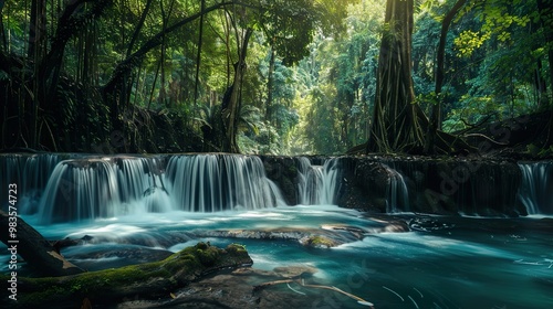 _Panoramic_beautiful_deep_forest_waterfall_in_Thai_