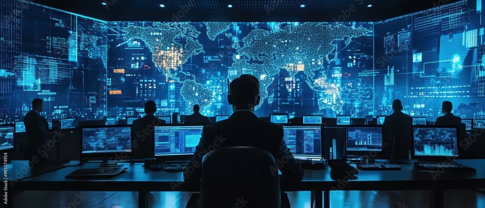 Cybersecurity team responding to threats in a high-tech operations center Cybersecurity team responding to threats in a high-tech operations center