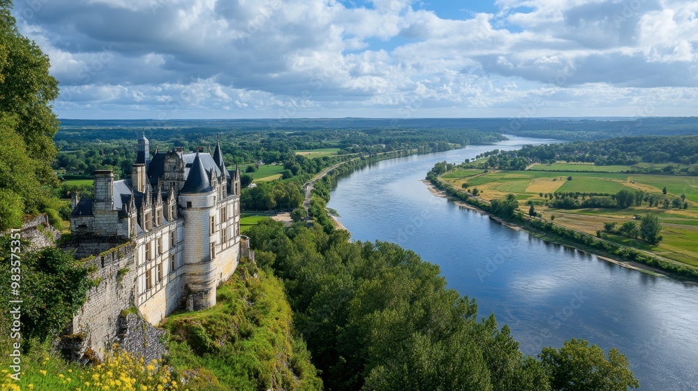 Fototapeta premium A wide-angle view of the Loire River as it flows through the scenic valley, with chteaux on the banks.