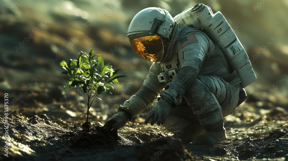 Astronaut planting a tree on Mars, embodying hope for a green future Astronaut planting a tree on Mars, embodying hope for a green future