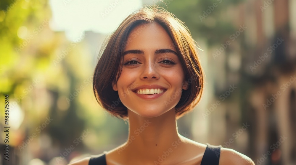 A woman with a chic bob haircut smiling confidently in an urban setting, her hair sleek and shiny. A woman with a chic bob haircut smiling confidently in an urban setting, her hair sleek and shiny.