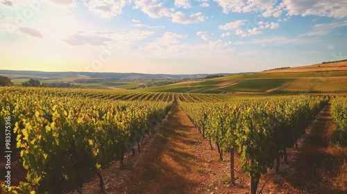 A wide-angle shot of the vineyards in Champagne, with grapevines stretching into the horizon.