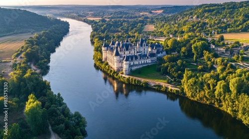 A wide-angle view of the Loire River as it flows through the scenic valley, with chteaux on the banks. photo