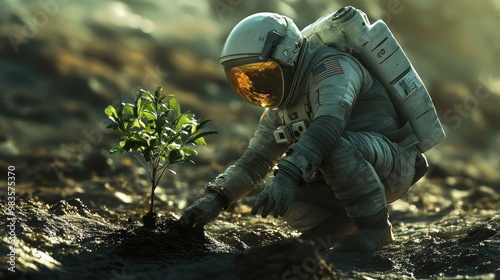 Astronaut planting a tree on Mars, embodying hope for a green future