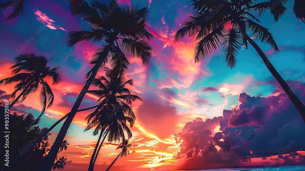 Tropical sunset with vivid colors and palm tree silhouettes Tropical sunset with vivid colors and palm tree silhouettes