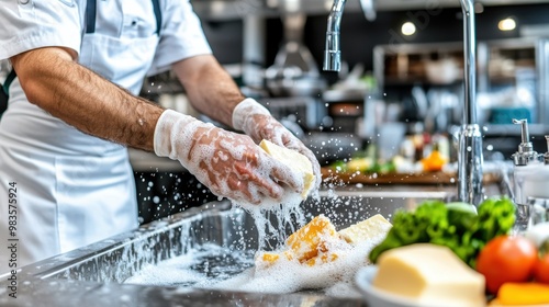 In a fast-paced commercial kitchen, a chef thoroughly washes dishes, ensuring every utensil is spotless, emphasizing the importance of hygiene and a clean working environment. photo