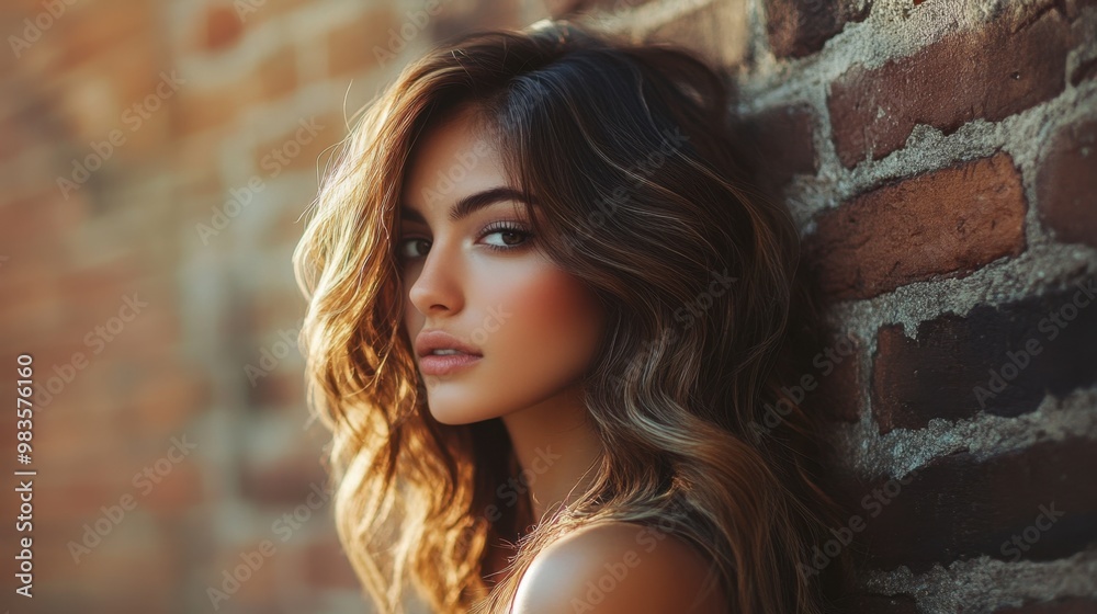 Fototapeta premium A woman with soft waves in her hair posing against a brick wall, her hair highlighted by the afternoon sun.
