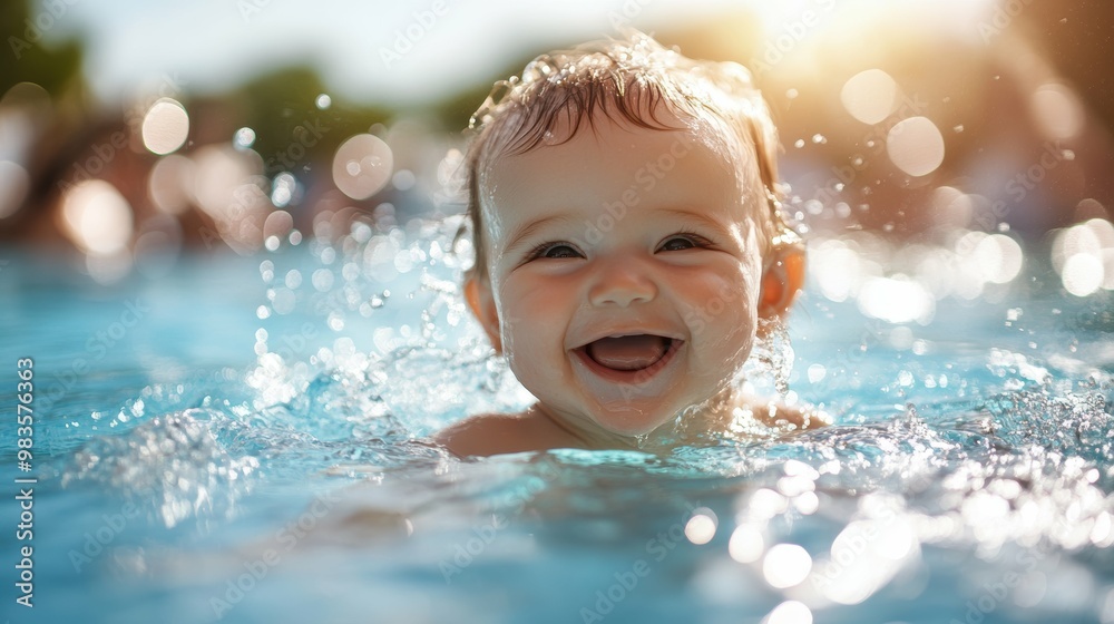 Joyful Baby Giggling in Shallow Pool Under Bright Blue Sky - Happy and Playful Toddler Splashing in Water with Sunlight Joyful Baby Giggling in Shallow Pool Under Bright Blue Sky - Happy and Playful Toddler Splashing in Water with Sunlight