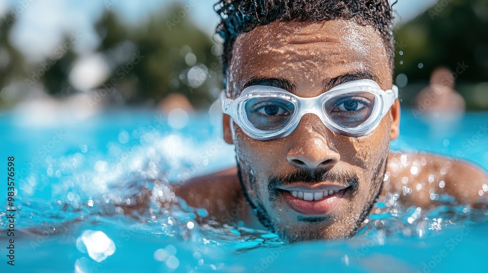Fototapeta premium A person is swimming in a clear blue outdoor pool, surrounded by sunlight and summer vibes, embodying the joy and refreshment of a warm, sunny day spent in the water.