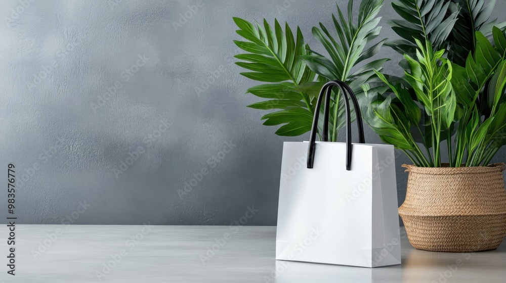 A stylish scene featuring a white shopping bag and fresh green plants arranged on a modern surface, evoking a sense of urban chic and natural elegance in indoor decor. A stylish scene featuring a white shopping bag and fresh green plants arranged on a modern surface, evoking a sense of urban chic and natural elegance in indoor decor.