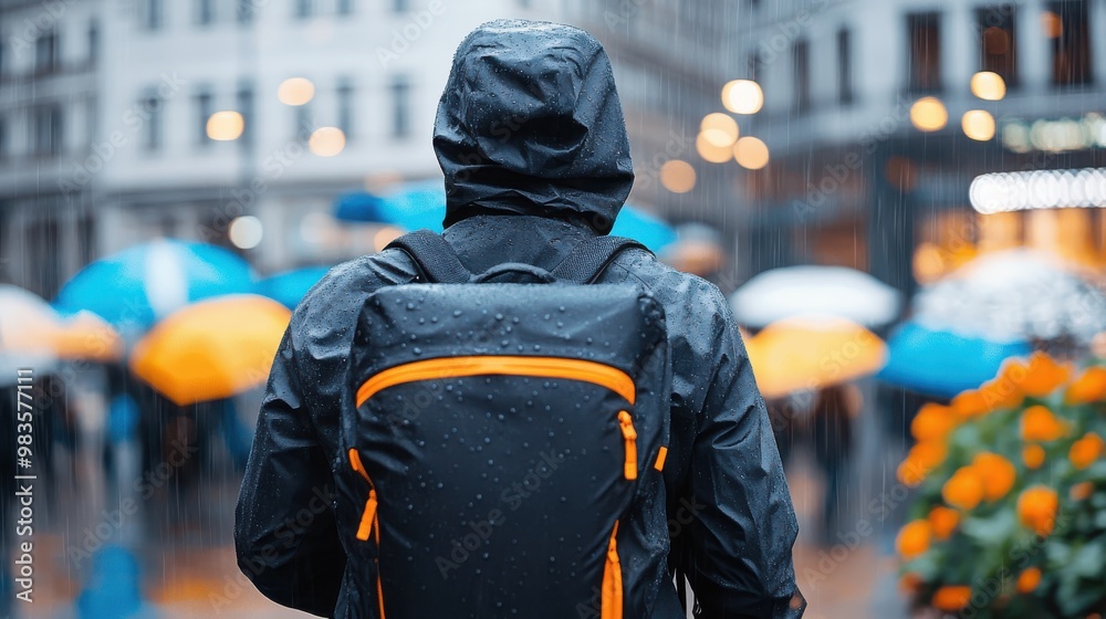A person in a raincoat and backpack stands in the midst of a crowded urban street, surrounded by people with colorful umbrellas on a rainy day. A person in a raincoat and backpack stands in the midst of a crowded urban street, surrounded by people with colorful umbrellas on a rainy day.