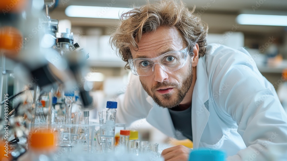 A scientist with curly hair and safety goggles is in a laboratory, intensely observing an experiment with beakers and equipment around him, indicative of a creative process. A scientist with curly hair and safety goggles is in a laboratory, intensely observing an experiment with beakers and equipment around him, indicative of a creative process.