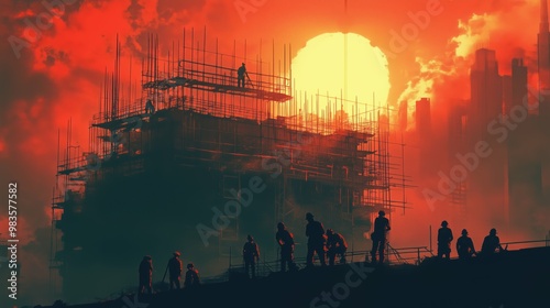 Team of stylized construction workers hard at work on a new building, their dynamic poses and the structural framework creating a dynamic scene against a simple, contrasting backdrop