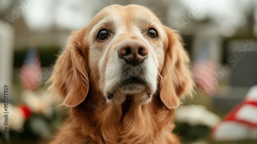 Golden Retriever sitting with American flags in the background, surrounded by flowers, symbolizing patriotism and honor. The dog appears calm and serene.