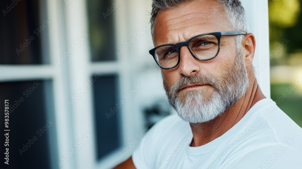 A distinguished gentleman with glasses and a well-groomed beard sits outdoors, exuding a modern, sophisticated aura set against a natural backdrop of greenery.