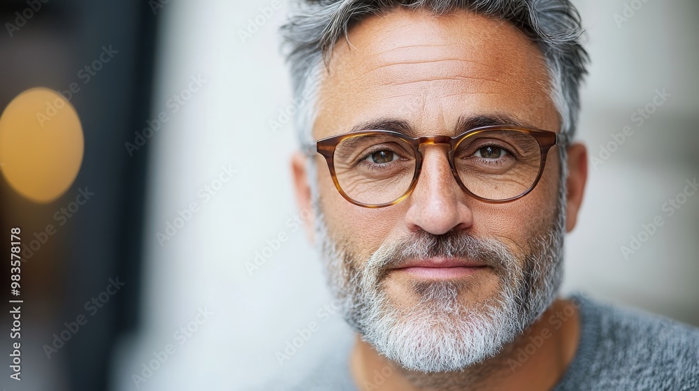 An elderly man with grey hair and glasses gazes with intelligence and serenity, his environment illustrating calmness and a harmonious inner world of reflection. An elderly man with grey hair and glasses gazes with intelligence and serenity, his environment illustrating calmness and a harmonious inner world of reflection.