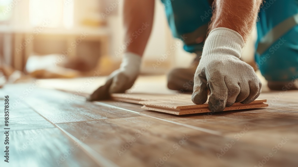 A close-up image of a worker wearing gloves and installing wooden planks for flooring, focused on the precise placement of materials in a well-lit room. A close-up image of a worker wearing gloves and installing wooden planks for flooring, focused on the precise placement of materials in a well-lit room.