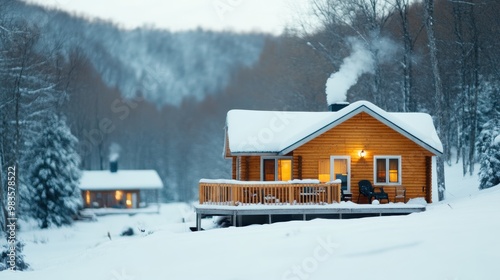 A charming winter cabin with smoke rising from its chimney, set in a hilly, snow-covered landscape, offering a picturesque and serene winter scene fit for holiday getaways.