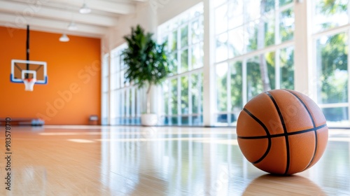 A basketball rests on a shiny wooden court floor in a spacious, well-lit gymnasium, with a hoop and backboard visible in the background, surrounded by greenery outside.