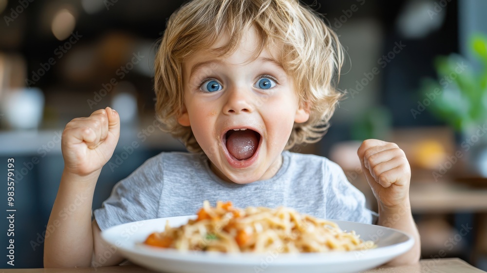 An enthusiastic child energetically reacts to a plate of pasta, illustrating the simple joys and excitement of childhood through the love of food and discovery. An enthusiastic child energetically reacts to a plate of pasta, illustrating the simple joys and excitement of childhood through the love of food and discovery.