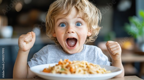 An enthusiastic child energetically reacts to a plate of pasta, illustrating the simple joys and excitement of childhood through the love of food and discovery.