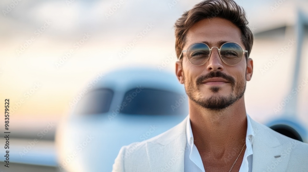 A man dressed in a white suit confidently stands near a luxury aircraft, radiating elegance and sophistication, set against a serene evening sky. A man dressed in a white suit confidently stands near a luxury aircraft, radiating elegance and sophistication, set against a serene evening sky.