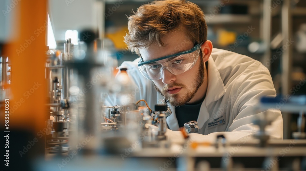 An engineer testing equipment in a lab, with various scientific instruments and safety gear visible. An engineer testing equipment in a lab, with various scientific instruments and safety gear visible.