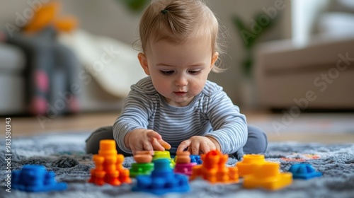 Joyful Infant Exploring Brightly-Colored Textured Toys with Curiosity and Delight
