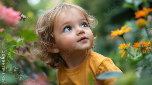 Wallpaper Mural Curious Toddler Immersed in Nature's Wonders - Exploring Lush Garden of Vibrant Flowers and Foliage Torontodigital.ca