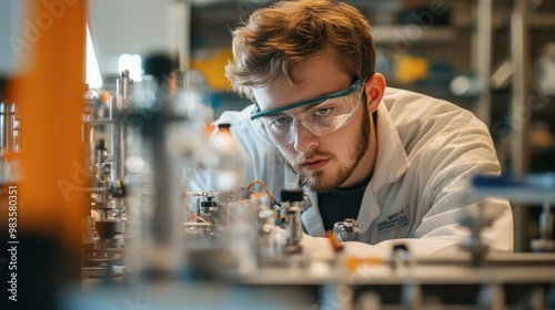 An engineer testing equipment in a lab, with various scientific instruments and safety gear visible.